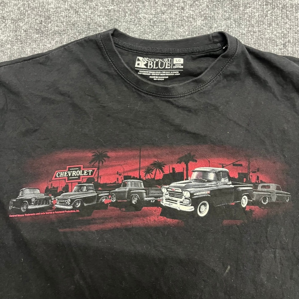 Newport Blue Shirt Mens Size LG Black Chevrolet Truck Graphic Crew Neck Cotton